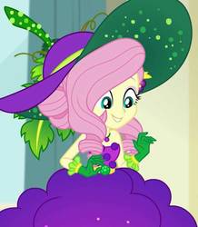 Size: 943x1080 | Tagged: safe, screencap, fluttershy, equestria girls, equestria girls specials, g4, my little pony equestria girls: better together, my little pony equestria girls: holidays unwrapped, o come all ye squashful, bare shoulders, belt, clothes, cornucopia costumes, costume, cropped, cute, dress, female, food, geode of fauna, gloves, grapes, hat, huggable, jewelry, leaf, looking down, magical geodes, necklace, shyabetes, sleeveless, smiling, solo, vine