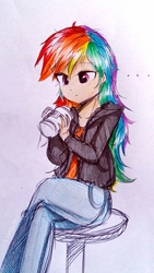 Size: 2208x3926 | Tagged: safe, artist:liaaqila, rainbow dash, human, equestria girls, g4, alternate hairstyle, clothes, crossed legs, female, high res, hoodie, human coloration, jeans, mug, pants, shirt, simple background, sitting, solo, stool, t-shirt, traditional art, white background