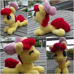 Size: 1066x1066 | Tagged: safe, artist:noxi1_48, apple bloom, earth pony, pony, g4, bow, cute, female, food, hair bow, irl, multiple views, one eye closed, orange, photo, plushie, red, solo, tongue out, wink