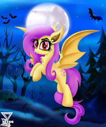 Size: 3200x3840 | Tagged: safe, artist:theretroart88, fluttershy, bat pony, pony, g4, bat ponified, cutie mark, female, flutterbat, flying, full moon, halloween, high res, holiday, mare, moon, night, race swap, smiling, solo, stars, tree