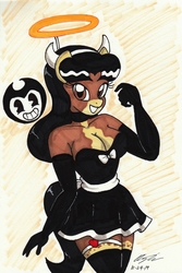 Size: 1982x2974 | Tagged: safe, artist:newyorkx3, oc, oc:crystal, earth pony, anthro, alice angel, anthro oc, bendy and the ink machine, breasts, busty crystal, cleavage, clothes, costume, digital art, evening gloves, female, gloves, long gloves, mare, smiling, solo, traditional art