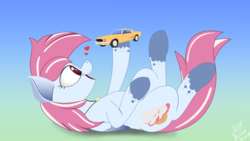 Size: 5120x2880 | Tagged: safe, artist:just rusya, oc, oc only, oc:evening skies, pegasus, pony, car, ford mustang, giant pony, heart, lying, macro, palindrome get, simple background, smiling, solo