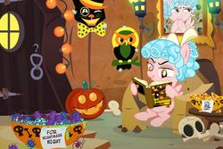 Size: 1280x854 | Tagged: safe, artist:pixelkitties, cozy glow, spike, insect, g4, book, candy, chaurus, door, female, food, halloween, holiday, larva, nightmare night, pumpkin, ray bradbury, read, reading, skull, solo