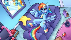 Size: 2560x1440 | Tagged: safe, artist:shyshyoctavia, rainbow dash, soarin', spitfire, pegasus, pony, g4, book, clothes, commission, couch, ear fluff, featureless crotch, food, hoodie, meat, pepperoni, pepperoni pizza, pizza, shirt, socks, soda, soda can, solo focus