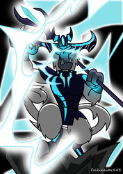 Size: 2480x3508 | Tagged: safe, artist:frikineitor143, storm king, yeti, g4, my little pony: the movie, antagonist, armor, black background, claws, crown, evil smile, fangs, glowing, glowing eyes, grin, high res, horns, jewelry, lightning, magic, male, reflection, regalia, rock, simple background, smiling, solo, staff, staff of sacanas, storm, storm king's emblem, tail