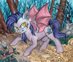 Size: 1280x1092 | Tagged: safe, artist:red-watercolor, oc, oc only, oc:dawn sentry, bat pony, pony, bat wings, blood, fangs, female, forest, growling, injured, mare, solo, spread wings, traditional art, watercolor painting, wings