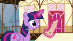 Size: 1280x720 | Tagged: safe, screencap, pinkie pie, twilight sparkle, alicorn, earth pony, pony, g4, the one where pinkie pie knows, angry, animated, annoyed, book, duo, duo female, egghead, faic, female, glowing horn, horn, lip bite, magic, smiling, sound, starry eyes, telekinesis, that pony sure does love books, twilight sparkle (alicorn), webm, wingding eyes
