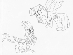Size: 2235x1685 | Tagged: safe, artist:ejlightning007arts, gallus, silverstream, classical hippogriff, griffon, hippogriff, g4, armor, clothes, costume, cute, diastreamies, fake cutie mark, fake horn, female, flying, gallabetes, halloween, halloween costume, holiday, implied tempest shadow, implied tempestlight, implied twilight sparkle, male, nightmare night, ship:gallstream, shipping, straight, traditional art