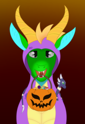 Size: 1539x2231 | Tagged: safe, artist:dyonys, oc, oc:fridis, dragon, candy, clothes, costume, cynder, food, halloween, holiday, hoodie, mouth hold, plushie, pumpkin bucket, solo, spyro the dragon, spyro the dragon (series)
