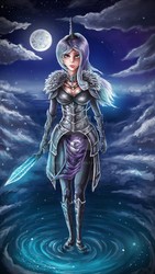 Size: 1920x3413 | Tagged: safe, artist:yomotsuki, princess luna, human, g4, armor, deviantart watermark, digital art, female, full moon, horn, horned humanization, humanized, moon, obtrusive watermark, solo, sword, watermark, weapon