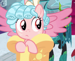 Size: 640x516 | Tagged: safe, screencap, cozy glow, queen chrysalis, alicorn, changeling, changeling queen, pony, g4, the ending of the end, alicornified, animated, clothes, cozy glow is not amused, cozybetes, cozycorn, cropped, cute, female, filly, flying, former queen chrysalis, freckles, gif, horn, race swap, robe, shaking, shivering, solo focus, spread wings, ultimate chrysalis, unamused, wings