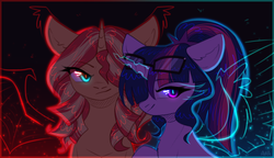 Size: 2500x1439 | Tagged: safe, artist:avrameow, sci-twi, sunset shimmer, twilight sparkle, alicorn, demon, pony, unicorn, g4, equestria girls ponified, female, glasses, hair over one eye, implied midnight sparkle, implied sunset satan, lidded eyes, looking at you, mare, ponified, ponytail, smiling, smirk, smug