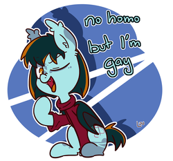 Size: 1500x1395 | Tagged: safe, artist:lou, oc, oc only, oc:morning star, bat pony, pony, abstract background, bat pony oc, clothes, male, no homo, one eye closed, solo, stallion, wink