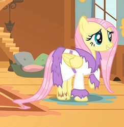 Size: 738x759 | Tagged: safe, screencap, fluttershy, pony, g4, hurricane fluttershy, bathrobe, clothes, cropped, female, mare, raised hoof, robe, solo, wet mane