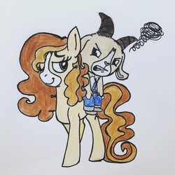 Size: 2380x2380 | Tagged: safe, artist:littlemissyxdl, oc, oc only, oc:billy, oc:cappuccino, earth pony, pony, female, high res, mare, riding, traditional art