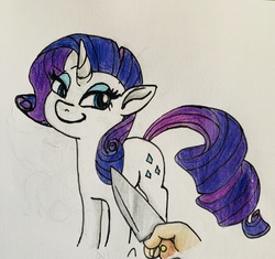 Size: 3024x2838 | Tagged: safe, artist:littlemissyxdl, rarity, human, pony, unicorn, g4, cute, female, high res, knife, knife cat, looking at you, mare, offscreen character, ponified animal photo, raribetes, traditional art