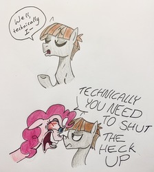 Size: 2974x3317 | Tagged: safe, artist:littlemissyxdl, mudbriar, pinkie pie, earth pony, pony, g4, angry, bloodshot eyes, boop, comic, duo, female, high res, male, mare, noseboop, rage, stallion, technically, traditional art, triggered