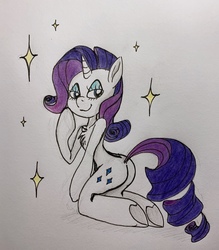 Size: 2633x3003 | Tagged: safe, artist:littlemissyxdl, rarity, pony, unicorn, semi-anthro, g4, arm hooves, butt, female, high res, looking at you, mare, plot, rearity, solo, traditional art