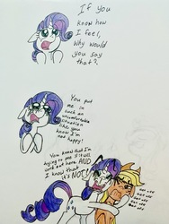 Size: 3024x4032 | Tagged: safe, artist:littlemissyxdl, applejack, rarity, earth pony, pony, unicorn, g4, annoyed, comic, crying, drama queen, female, hug, makeup, mare, marshmelodrama, rarity being rarity, running makeup, runny nose, snot, traditional art