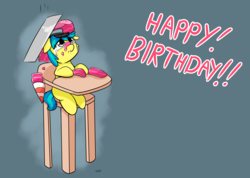 Size: 3313x2362 | Tagged: safe, artist:taurson, oc, oc only, oc:runaway train, pony, accident, birthday candles, blue background, cake, chair, crying, dropped cake, floating text, foal, food, happy birthday, high res, highchair, ruined cake, simple background, solo