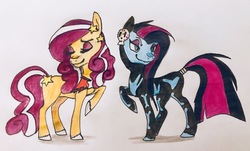 Size: 2542x1536 | Tagged: safe, artist:littlemissyxdl, oc, oc only, oc:nightfall (midnight mares), earth pony, pony, midnight mares, bone, clothes, costume, female, mare, skeleton costume, traditional art