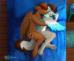 Size: 1900x1568 | Tagged: safe, artist:wildviolet-m, oc, oc only, pegasus, anthro, digitigrade anthro, unguligrade anthro, bed, cuddling, duo, erotica, furry, hug, non-mlp oc, nudity, paw pads, paws, spooning, underpaw