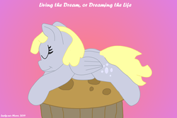 Size: 972x648 | Tagged: safe, artist:lurks-no-more, derpy hooves, pegasus, pony, g4, female, food, happy birthday mlp:fim, mlp fim's ninth anniversary, muffin, sleeping, solo