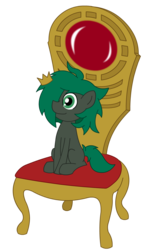 Size: 800x1300 | Tagged: safe, artist:minus, derpibooru exclusive, oc, oc only, oc:minus, earth pony, pony, colt quest, colored, colt, crown, cute, digital art, foal, green eyes, hair over one eye, happy, happy birthday mlp:fim, jewelry, male, mlp fim's ninth anniversary, regalia, simple background, sitting, smiling, solo, throne, transparent background, vector
