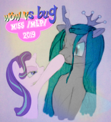 Size: 2137x2366 | Tagged: safe, artist:anonymous, queen chrysalis, starlight glimmer, changeling, pony, unicorn, g4, /mlp/, 4chan, boop, bracket, do not want, duo, female, glare, high res, mare, meme, miss /mlp/ 2019, nose wrinkle, scrunchy face, wow, wow! glimmer