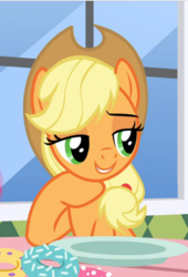 Size: 614x902 | Tagged: safe, screencap, applejack, earth pony, pony, g4, the ending of the end, cropped, donut, female, food, hoof under chin, lidded eyes, mare, raised hoof, smiling, solo, stupid sexy applejack
