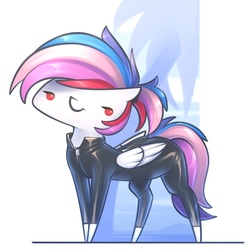 Size: 681x681 | Tagged: safe, artist:justafallingstar, oc, oc only, oc:northstar, pegasus, pony, chibi, multicolored hair, rainbow hair, rubber suit, solo, sweat, sweating profusely, wetsuit