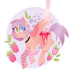 Size: 3172x3122 | Tagged: safe, artist:queennutti, oc, oc only, pegasus, pony, abstract background, candy gore, clothes, colored hooves, food, fork, gore, heterochromia, high res, jewelry, necklace, pegasus oc, socks, solo, strawberry, striped socks, wings, ych result