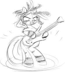 Size: 1343x1496 | Tagged: source needed, safe, artist:taurson, oc, oc only, oc:silver needle, pony, dreadlocks, electric guitar, guitar, hair beads, headbang, musical instrument, sketch, solo