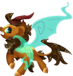 Size: 3086x3242 | Tagged: safe, artist:jennithedragon, oc, oc only, oc:earthen spark, bat pony, hybrid, kirin, artificial wings, augmented, bat tag, bat tag 2019, cloven hooves, ear fluff, high res, magic, magic wings, simple background, solo, sparkles, transparent background, wings