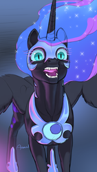Size: 1080x1920 | Tagged: safe, artist:arareroll, nightmare moon, alicorn, pony, g4, ethereal mane, fangs, female, helmet, hoof shoes, mare, open mouth, peytral, signature, solo, starry mane, teeth