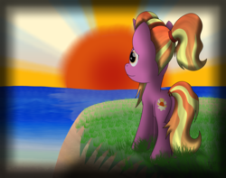 Size: 3068x2419 | Tagged: safe, artist:php124, luster dawn, pony, unicorn, g4, the last problem, female, high res, ocean, rear view, rising sun, shore, solo, sun