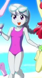 Size: 288x527 | Tagged: safe, artist:uotapo, edit, apple bloom, diamond tiara, silver spoon, equestria girls, g4, bare arms, bare shoulders, barefoot, beach, clothes, cropped, cute, feet, glasses, legs, one-piece swimsuit, sexy, swimsuit