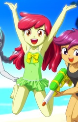 Size: 391x616 | Tagged: safe, artist:uotapo, edit, editor:thomasfan45, apple bloom, scootaloo, silver spoon, human, equestria girls, g4, adorabloom, armpits, arms in the air, bare arms, bare shoulders, barefoot, beach, clothes, cropped, cute, feet, female, jumping, legs, one-piece swimsuit, open mouth, sexy, solo focus, swimsuit, watergun