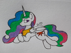 Size: 2576x1932 | Tagged: safe, artist:drheartdoodles, princess celestia, alicorn, pony, g4, female, folded wings, frown, jewelry, mare, multicolored mane, peytral, rainbow hair, solo, traditional art