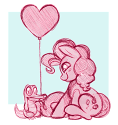 Size: 624x661 | Tagged: safe, artist:ponycide, gummy, pinkie pie, alligator, earth pony, pony, g4, abstract background, balloon, blush sticker, blushing, cute, diapinkes, duo, female, heart, heart balloon, mare, monochrome, mouth hold