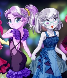 Size: 453x532 | Tagged: safe, artist:uotapo, edit, editor:thomasfan45, diamond tiara, silver spoon, equestria girls, g4, backless, bare shoulders, clothes, cropped, cute, diamondbetes, dress, duo, duo female, female, formal wear, glasses, holding hands, looking at you, open mouth, ponytail, ruffles, scrunchie, silverbetes, turned head
