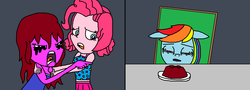 Size: 1492x536 | Tagged: safe, artist:logan jones, pinkie pie, rainbow dash, oc, oc:lizzie punch, pony, equestria girls, g4, spring breakdown, angry, bundt cake (food), chair, confused, crying, female, human pony dash, lesbian, lizziepie, makeup, mascara, meme, pointing, ponified meme, running makeup, smudge the cat, the real housewives of beverly hills, triple choco-berry blasted butter biscuit bundt cake, woman yelling at a cat, yelling