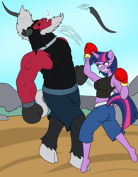 Size: 1250x1600 | Tagged: safe, artist:linedraweer, lord tirek, twilight sparkle, alicorn, anthro, unguligrade anthro, fighting is magic, g4, beard, belly punch, blood, boxing, boxing gloves, broken horn, broken teeth, clothes, comic, commission, facial hair, female, fight, horn, horns, male, mare, midriff, muscles, one-horned tirek, punch, size difference, spitting, sports, sports bra, twilight sparkle (alicorn), twilight vs tirek, uppercut, wings