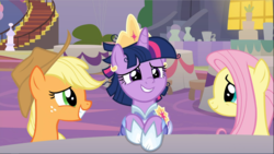 Size: 1667x940 | Tagged: safe, screencap, applejack, fluttershy, twilight sparkle, alicorn, earth pony, pegasus, pony, g4, the last problem, cropped, crown, female, freckles, happy, jewelry, looking at each other, mare, regalia, second coronation dress, sitting, smiling, trio, twilight sparkle (alicorn)