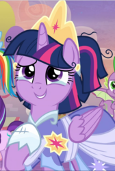 Size: 631x940 | Tagged: safe, screencap, spike, twilight sparkle, alicorn, pony, g4, the last problem, cropped, crown, crying, female, jewelry, male, messy mane, offscreen character, regalia, second coronation dress, solo focus, tears of joy, teary eyes, twilight sparkle (alicorn)