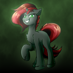 Size: 3900x3900 | Tagged: safe, artist:witchtaunter, oc, oc only, oc:flutterrocket, pony, unicorn, broken horn, commission, evil smile, gradient background, grin, high res, horn, raised hoof, smiling, solo