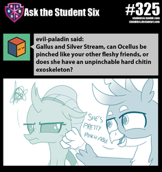 Size: 800x848 | Tagged: safe, artist:sintakhra, gallus, ocellus, changedling, changeling, griffon, tumblr:studentsix, g4, angry, cheek pinch, cute, cuteling, diaocelles, duo, female, looking at each other, madorable, male, ocellus is not amused, pinch, unamused