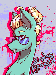 Size: 815x1080 | Tagged: safe, artist:chebypattern, zephyr breeze, pegasus, pony, g4, abstract background, glasses, looking at you, male, needs more saturation, smiling, solo, text
