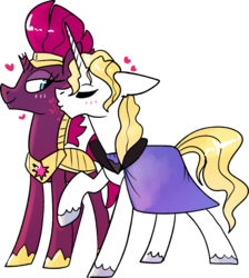 Size: 1280x1430 | Tagged: safe, artist:tempestintheponyvile, fizzlepop berrytwist, prince blueblood, tempest shadow, pony, unicorn, g4, berryblood, blushing, broken horn, cheek kiss, eyes closed, female, heart, horn, kissing, male, mare, royal guard, shipping, simple background, stallion, straight, tempest becomes a royal guard, transparent background, unshorn fetlocks