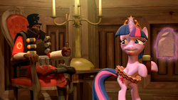 Size: 2720x1536 | Tagged: safe, artist:labet1001, twilight sparkle, pony, unicorn, g4, 3d, chair, clothes, demoman, demoman (tf2), female, glowing horn, hoof hold, horn, housewife, looking back, magic, male, mare, nervous, rearing, sitting, team fortress 2, telekinesis, tutu, unicorn twilight